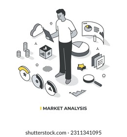 Market analysis. Isometric illustration of a man analyzing market data, surrounded by symbols related to market analysis such as charts, diagrams and reports. Marketing analysis concept