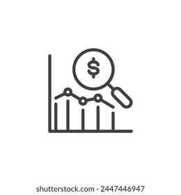 Market Analysis line icon. linear style sign for mobile concept and web design. Magnifying glass over a graph outline vector icon. Market research symbol, logo illustration. Vector graphics