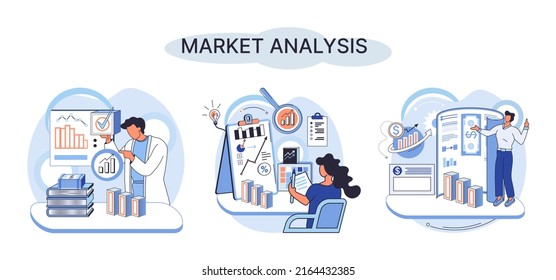Market analysis metaphor marketing strategy development. Business research. Identify business determine solutions business problems solving. Marketer analyzes sales plan, doing an advertising campaign