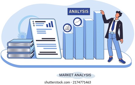 Market analysis metaphor marketing strategy development. Business research. Identify business determine solutions business problems solving. Marketer analyzes sales plan, doing an advertising campaign