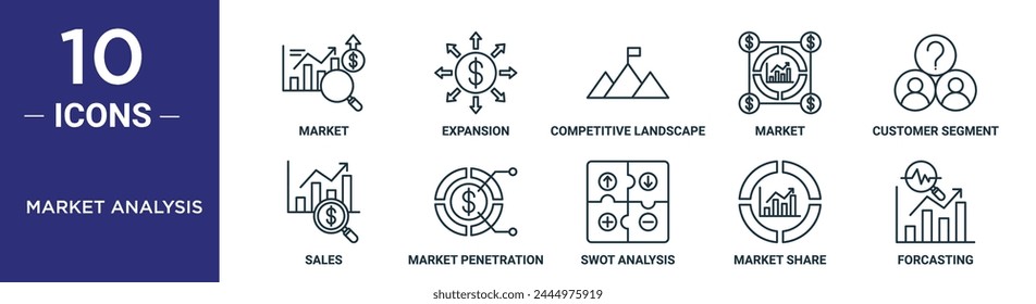 el conjunto de iconos de esquema de análisis de mercado incluye mercado de línea fina, expansión, panorama competitivo, mercado, segmento de Cliente, ventas, iconos de penetración para informe, presentación, diagrama, Diseño web