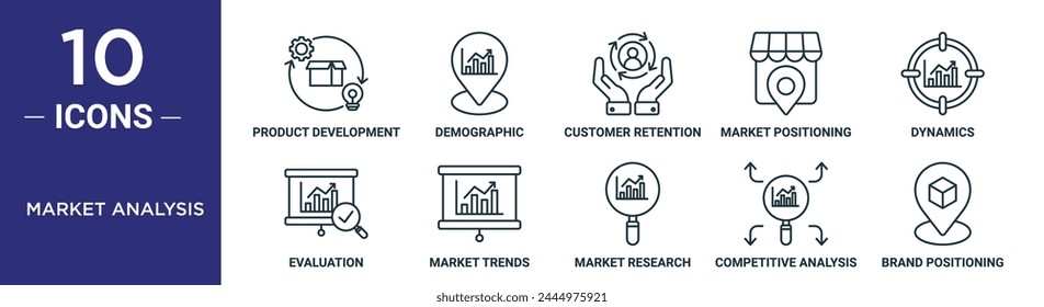 market analysis outline icon set includes thin line product development, demographic, customer retention, market positioning, dynamics, evaluation, market trends icons for report, presentation,