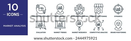 market analysis outline icon set includes thin line product development, demographic, customer retention, market positioning, dynamics, evaluation, market trends icons for report, presentation,