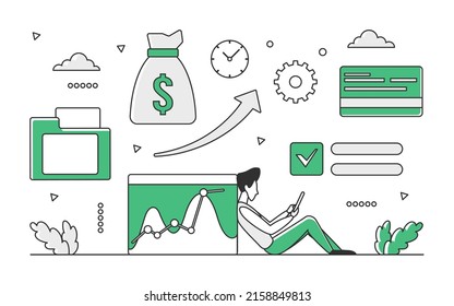 Market analysis research data. Online forecasting and marketplace evolution vector monocolor illustration