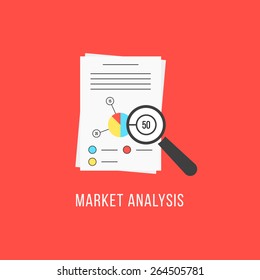 market analysis with sheets and magnifier. concept of financial forecast, e-management, e-marketing, brainstorm, statistic seo. isolated on red background. flat style modern design vector illustration