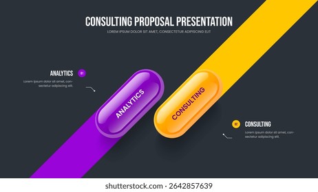 Market Analysis Slide Design Vector Illustration. Digital Review 2 Step Infographic Slideshow Template. Company Portfolio Two Element Diagram Presentation Layout.