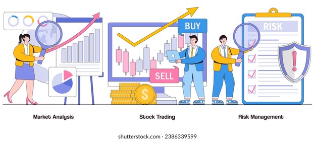 Análisis de mercado, negociación de acciones, concepto de gestión de riesgos con carácter. Estrategias de inversión conjunto de ilustraciones vectoriales abstractas. Diversificación de cartera, evaluación de riesgos, metáfora del mercado financiero.