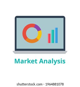 Market analysis vector. Analyze data on laptop screen. Marketing and business concept. Flat illustration on white background.