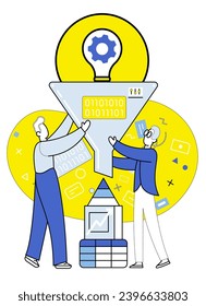 Ilustración vectorial de análisis de mercado. La metáfora del análisis de mercado compara el proceso con el peering a través de la lupa para descubrir ideas ocultas Las plataformas digitales proporcionan gran cantidad de información