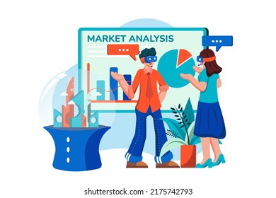 Análisis de mercado con tecnología VR Concepto de Ilustración. Ilustración plana aislada en fondo blanco