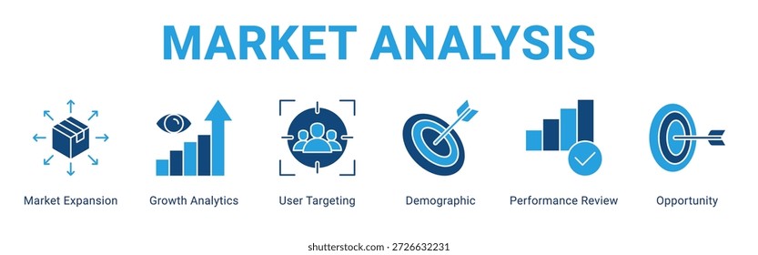 Marktanalyse Web-Banner-Icon-Konzept, mit Marktausweitung, Wachstumsanalyse, User Targeting, Demographic, Performance Review, Opportu.