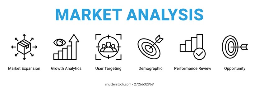 Marktanalyse Web-Banner-Icon-Konzept, mit Marktausweitung, Wachstumsanalyse, User Targeting, Demographic, Performance Review, Opportu.