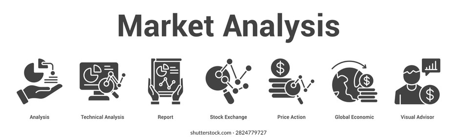 Market Analysis web banner icon set vector illustration concept for business with icon of Analysis, Technical Analysis, Report, Stock Exchange, Price Action, Global Econom.