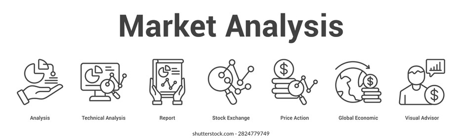 Market Analysis web banner icon set vector illustration concept for business with icon of Analysis, Technical Analysis, Report, Stock Exchange, Price Action, Global Econom.