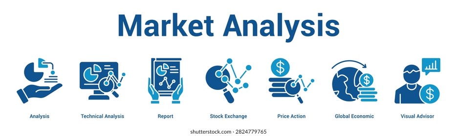 Market Analysis web banner icon set vector illustration concept for business with icon of Analysis, Technical Analysis, Report, Stock Exchange, Price Action, Global Econom.