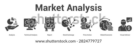 Market Analysis web banner icon set vector illustration concept for business with icon of Analysis, Technical Analysis, Report, Stock Exchange, Price Action, Global Econom.