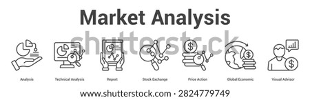 Market Analysis web banner icon set vector illustration concept for business with icon of Analysis, Technical Analysis, Report, Stock Exchange, Price Action, Global Econom.