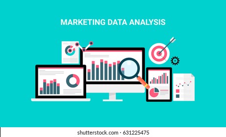 Análisis de mercado, software de análisis de datos web, investigación de datos concepto de vector plano con iconos aislados en fondo verde