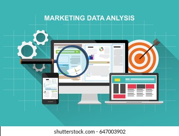 Market analysis, web data analytics software, data research,growth optimization, data-driven marketing management with icons and elements on blue background. Vector illustration