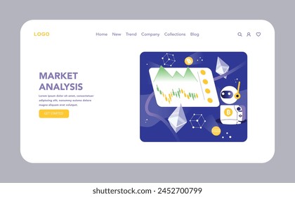Web oder Zielseite der Marktanalyse. Trading Bot Analyse der Kryptowährungsmärkte mit einer dynamischen Anzeige von Diagrammen und Trends, wesentlich für strategische Handelsentscheidungen.