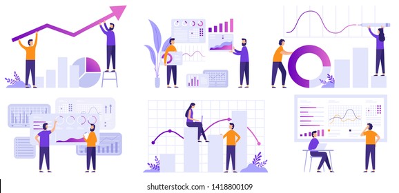 Market analytics. Finance prediction, trends forecast and business strategy analytics flat vector illustration set