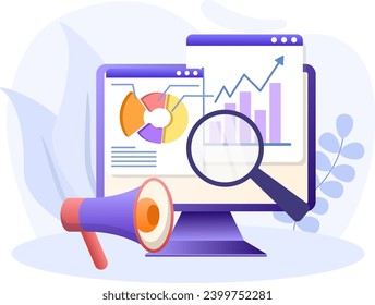 Market analytics illustration. Flat vector design statistical and Data analysis for business finance investment concept with monitor graph dashboard