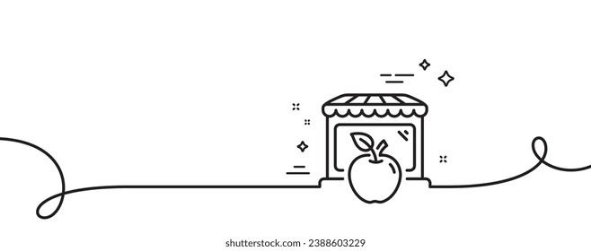 Market with apple line icon. Continuous one line with curl. Wholesale store sign. Retail marketplace symbol. Market single outline ribbon. Loop curve pattern. Vector