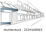 Market area line art vector illustration. Commercial market concept art. Shops beside road. Street line art isolated on white background. Cityscape. Landscape. Modern Urban architecture 