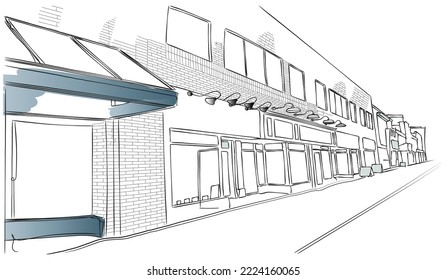 Ilustración vectorial de líneas de área de mercado. Concepto de mercado comercial arte. Tiendas al lado de la carretera. Arte de la línea de la calle aislado de fondo blanco. Paisaje urbano. Paisaje. Arquitectura urbana moderna 