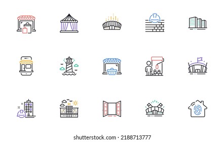 Market, Arena Stadium And Lighthouse Line Icons For Website, Printing. Collection Of Construction Building, Painter, Online Market Icons. Circus Tent, Open Door, Hotel Web Elements. Vector