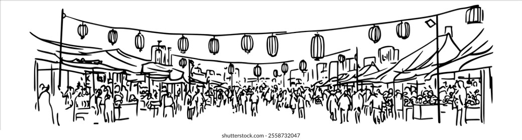 market in Bangkok city panorama hand drawing doodle hatching vector sketch