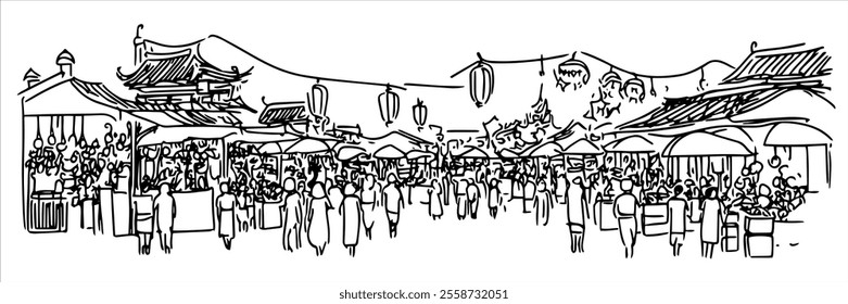 market in Bangkok city panorama hand drawing doodle hatching vector sketch