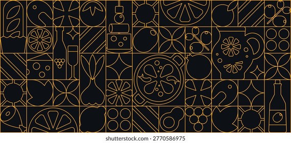 Market banner and seamless pattern in art deco line art style, food and grocery symbols illustration. Spain and Mediterranean grocery background