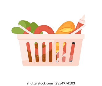 Cesta de mercado llena de comida. Camión de compras de comestibles, suministros de alimentos ilustración vectorial