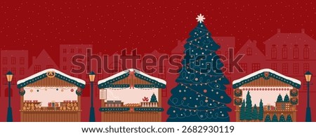 market with big Christmas tree at night with festive lights, gingerbread, mulled wine, hot dogs and snowy atmosphere flat Vector illustration 