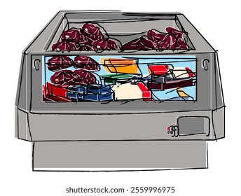 Market bonnet refrigerator. Grocery store chest freezer. Refrigerator for semi-finished products. Flat illustration isolated on white background. Cartoon style vector.