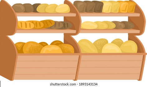 Market bread shop shelf, fresh homemade loaf, bakery food shop flat vector illustration, isolated on white. Concept bread product, foodstuff flour item, meal showcase flour confectionery.