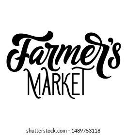 Farmer’s market brush hand lettering isolated on white background. Script calligraphy. Type vector illustration.