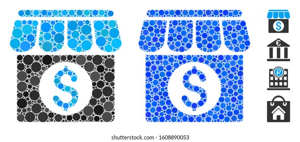 Market building composition of filled circles in various sizes and color hues, based on market building icon. Vector filled circles are united into blue illustration.