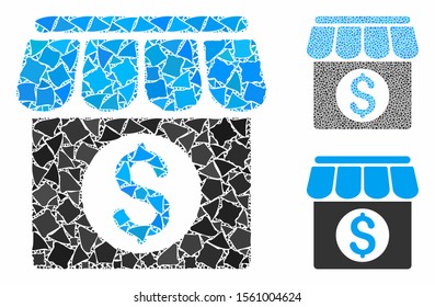 Market building composition of rugged pieces in different sizes and color tones, based on market building icon. Vector tuberous pieces are composed into composition.