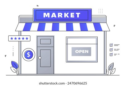 Construcción de mercado de diseño de estilo simple. Pequeño negocio, tienda de carretera o tienda. Urbana infraestructura y arquitectura. Apertura de un nuevo local comercial. Ilustración vectorial plana de arte lineal