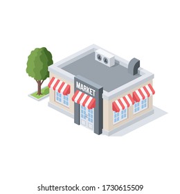 Market building. Vector 3d isometric, color web icon, new flat style. Creative illustration design, isolated graphic idea for infographics.