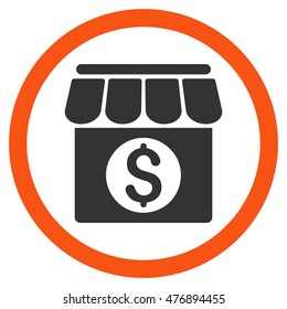 Market Building vector bicolor rounded icon. Image style is a flat icon symbol inside a circle, orange and gray colors, white background.