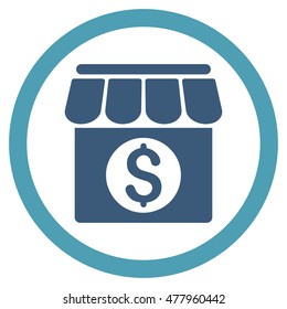 Market Building vector bicolor rounded icon. Image style is a flat icon symbol inside a circle, cyan and blue colors, white background.