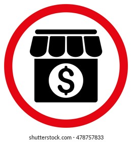 Market Building vector bicolor rounded icon. Image style is a flat icon symbol inside a circle, intensive red and black colors, white background.