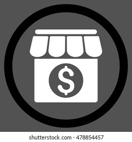 Market Building vector bicolor rounded icon. Image style is a flat icon symbol inside a circle, black and white colors, gray background.