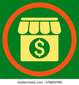 Market Building vector bicolor rounded icon. Image style is a flat icon symbol inside a circle, orange and yellow colors, green background.