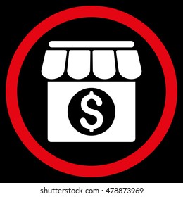 Market Building vector bicolor rounded icon. Image style is a flat icon symbol inside a circle, red and white colors, black background.