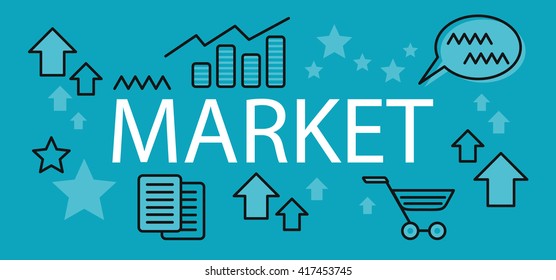 Market business concept banner. Background with element or icon on finance market. Elements signs and symbols for finance market. Charts and graphs of growth arrows and documents. Vector illustration