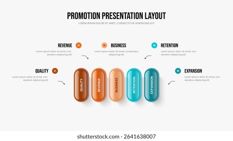 Market Campaign Frame Design Vector Illustration. Enterprise Visualization 5 Option Infographic Presentation Template. Company Growth Five Step Diagram Slide Layout.